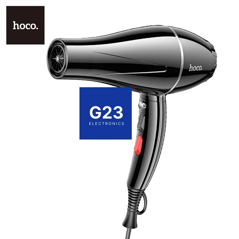 Plaukų džiovintuvas Hoco HP12 1450 W su jonizacija ir 2 antgaliais juodos spalvos 9 Šoninis plaukų džiovintuvo Hoco HP12 vaizdas su Hoco logotipu
