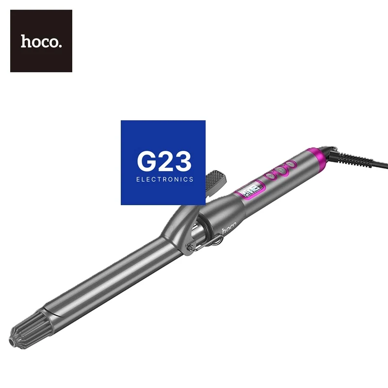 Plaukų garbanotuvas Hoco HP43 25 mm su LCD ekranu ir 120–220 °C temperatūra pilkos spalvos 12 Plaukų garbanotuvo Hoco HP43 šoninis vaizdas su spaustuku ir ekranu