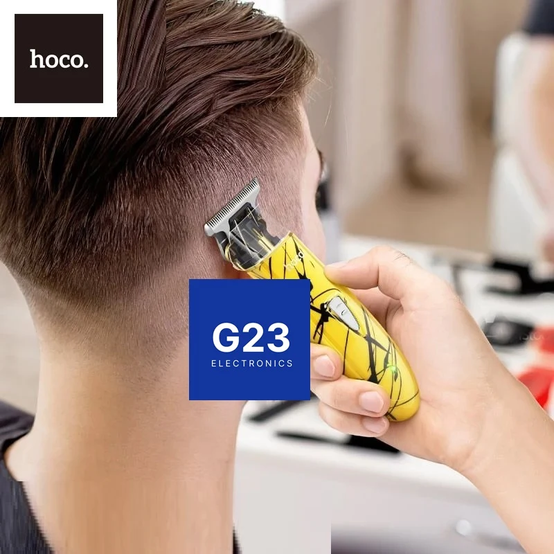 Plaukų kirpimo mašinėlė Hoco DAR17 USB laidinė ir belaidė geltonos spalvos 11 Plaukų kirpimas Hoco DAR17 mašinėle šoninių plaukų linijos tvarkymui