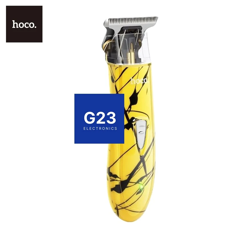 Plaukų kirpimo mašinėlė Hoco DAR17 USB laidinė ir belaidė geltonos spalvos 6 Plaukų kirpimo mašinėlės Hoco DAR17 priekinis vaizdas su skaidriu peiliuko apsaugos dangteliu