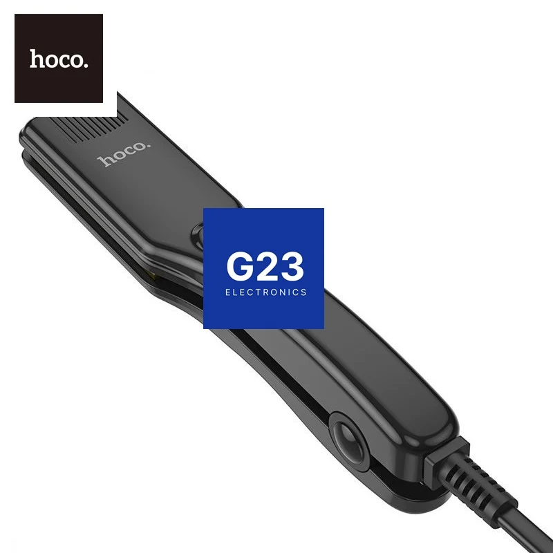 Plaukų tiesinimo žnyplės Hoco DAR36 170 °C kompaktiškos su 1,3 m laidu juodos spalvos 8 Plaukų tiesinimo žnyplių Hoco DAR36 korpusas iš arti su Hoco logotipu