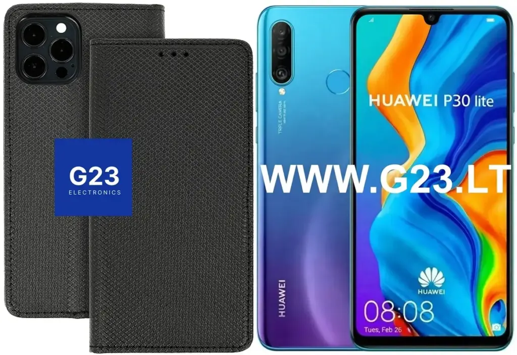Re-Grid dėklas-knygelė Huawei P30 Lite telefonui juodos spalvos ir pats telefonas