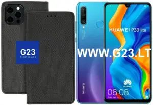 Re-Grid dėklas-knygelė Huawei P30 Lite telefonui juodos spalvos ir pats telefonas
