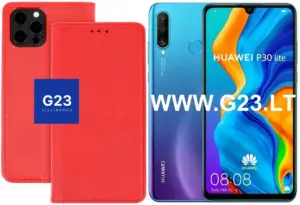 Re-Grid dėklas-knygelė Huawei P30 Lite telefonui raudonos spalvos ir pats telefonas