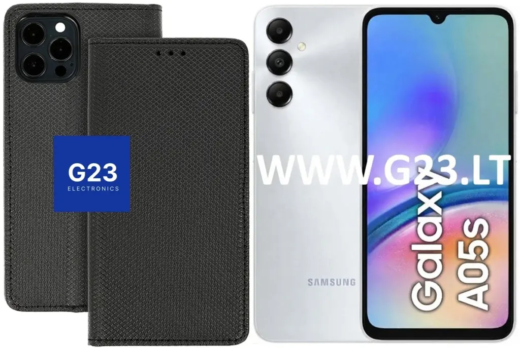 Re-Grid dėklas-knygelė Samsung Galaxy A05s telefonui juodos spalvos ir pats telefonas