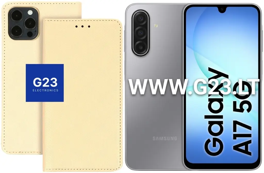 Re-Grid dėklas knygelė Samsung Galaxy A17, aukso spalvos – dėklas ir telefono vaizdas