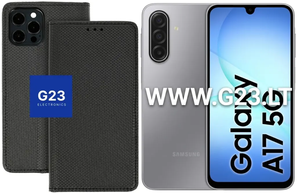 Re-Grid dėklas knygelė Samsung Galaxy A17, juodos spalvos – dėklas ir telefono vaizdas