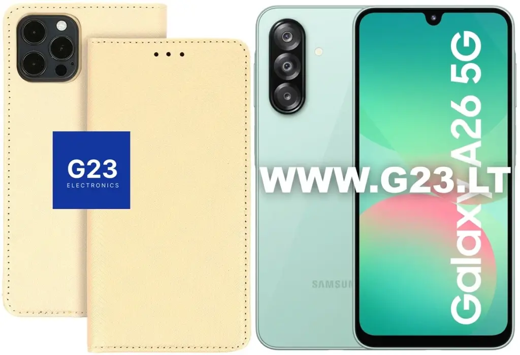 Re-Grid dėklas knygelė Samsung Galaxy A26, aukso spalvos – dėklas ir telefono vaizdas