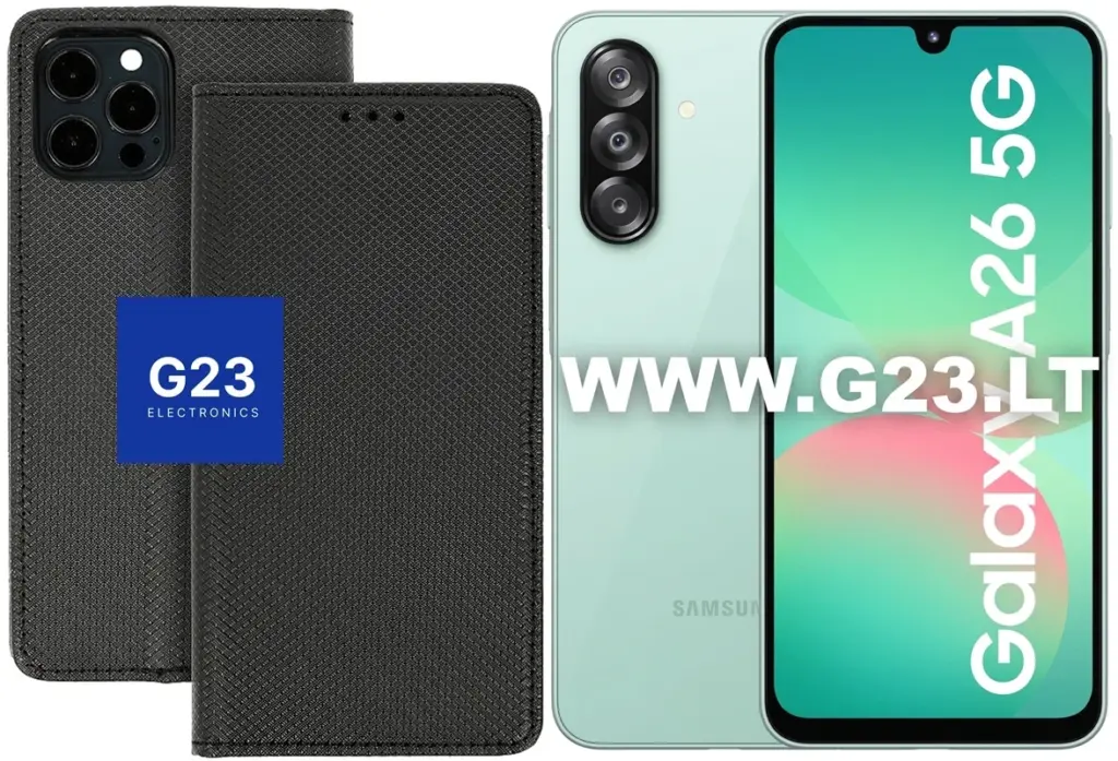 Re-Grid dėklas knygelė Samsung Galaxy A26, juodos spalvos – dėklas ir telefono vaizdas