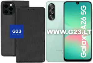 Re-Grid dėklas knygelė Samsung Galaxy A26, juodos spalvos – dėklas ir telefono vaizdas