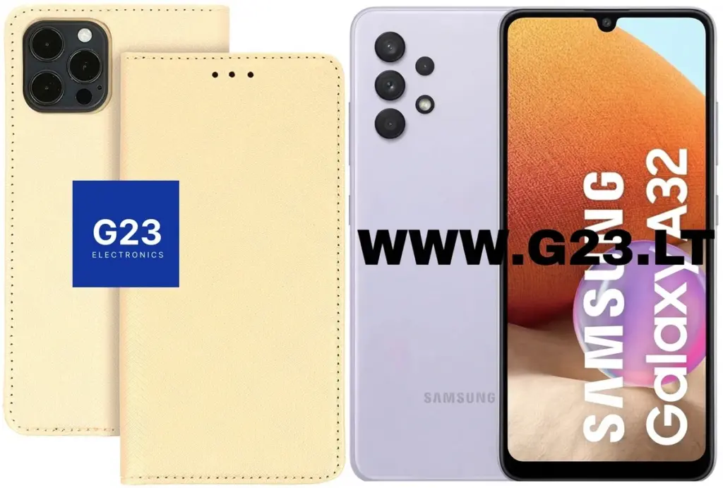 Re-Grid dėklas knygelė Samsung Galaxy A32, aukso spalvos – dėklas ir telefono vaizdas