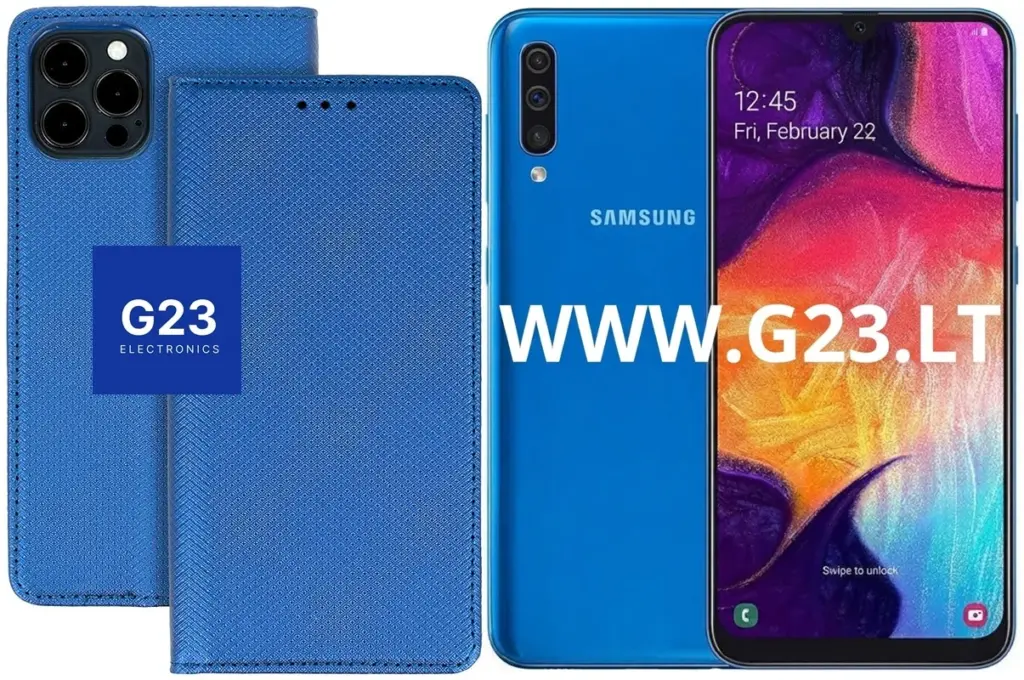 Re-Grid dėklas knygelė Samsung Galaxy A50, mėlynos spalvos – dėklas ir telefono vaizdas