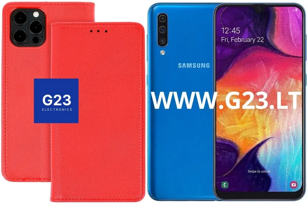 Re-Grid dėklas knygelė Samsung Galaxy A50, raudonos spalvos – dėklas ir telefono vaizdas