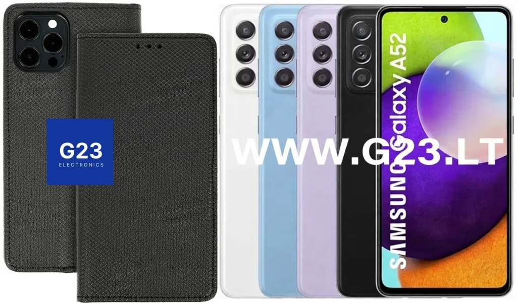 Re-Grid dėklas knygelė Samsung Galaxy A52, juodos spalvos – dėklas ir telefono vaizdas