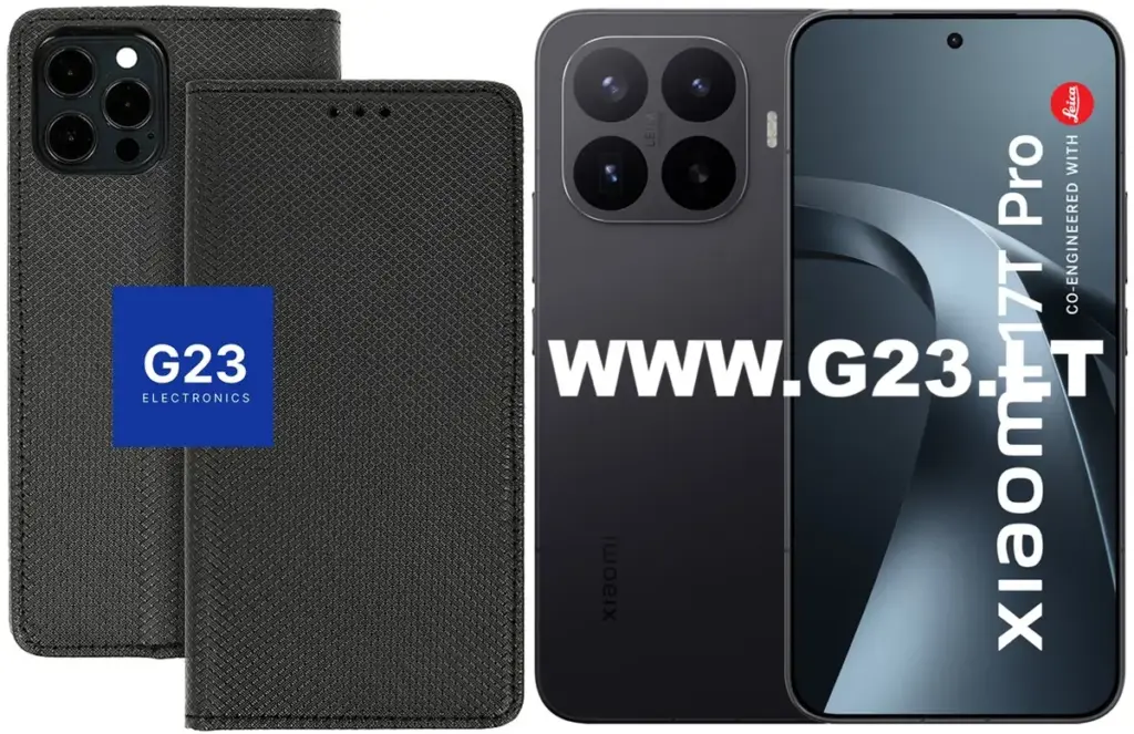 Re-Grid dėklas knygelė Xiaomi 17T Pro, juodos spalvos – dėklas ir telefono vaizdas