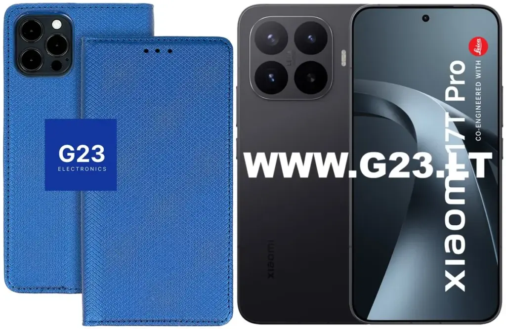 Re-Grid dėklas knygelė Xiaomi 17T Pro, mėlynos spalvos – dėklas ir telefono vaizdas