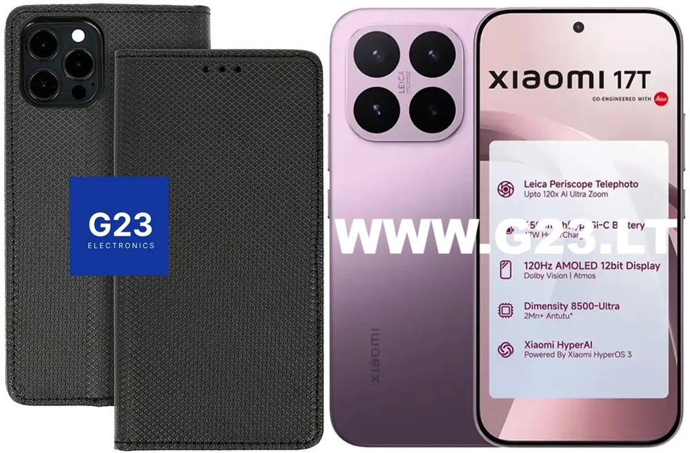 Re-Grid dėklas knygelė Xiaomi 17T, juodos spalvos – dėklas ir telefono vaizdas