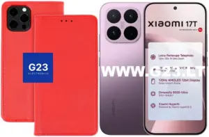 Re-Grid dėklas knygelė Xiaomi 17T, raudonos spalvos – dėklas ir telefono vaizdas
