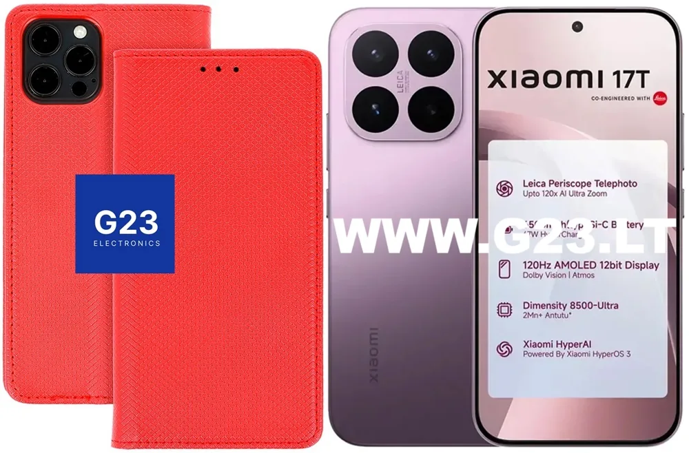 Re-Grid dėklas knygelė Xiaomi 17T, raudonos spalvos – dėklas ir telefono vaizdas