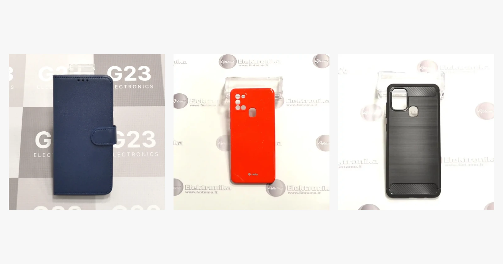 Samsung Galaxy A21s dėklai: tamsiai mėlyna Diary Mate knygutė, raudona ir juoda silikoninės nugarėlės