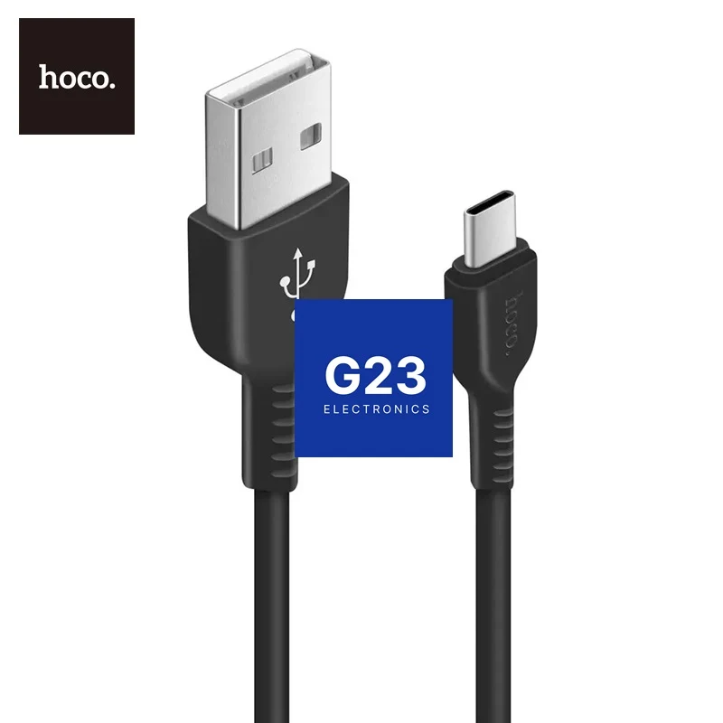 Type-C laidas 3 metrai 3A Hoco X20 juodos spalvos 8 Hoco X20 juodo laido USB-A ir Type-C kištukai iš arti su Hoco logotipu