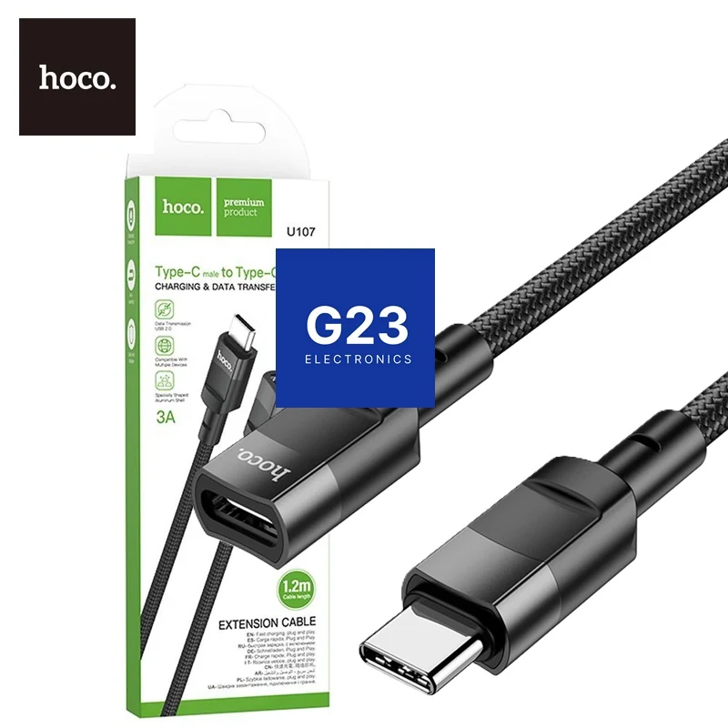 Hoco U107 Type-C prailginimas 1.2 metro 3A juodas dėžutėje su Type-C kištuku ir lizdu