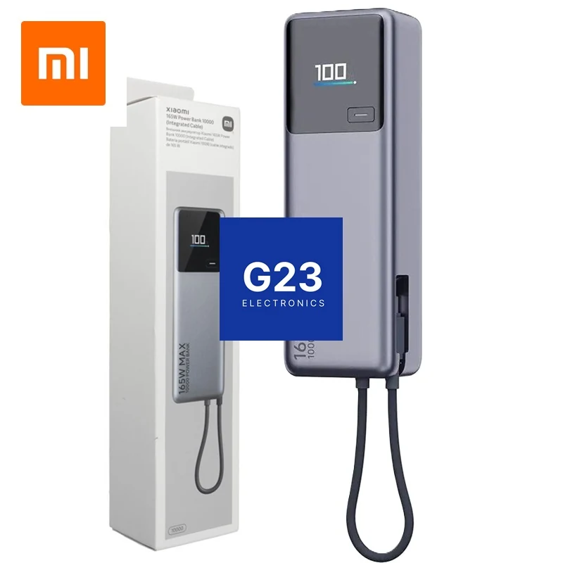Xiaomi PB1165MI 10000mAh 165W Power Bank – pakuotė ir pilkas išorinis akumuliatorius su integruotu USB-C laidu