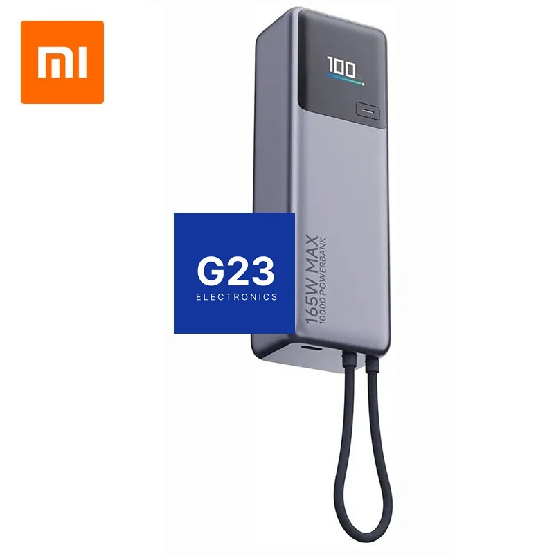 10000mAh 165W Xiaomi PB1165MI išorinė baterija akumuliatorius (Power Bank) su integruotu USB-C laidu pilkos spalvos 7 Xiaomi PB1165MI 165W Power Bank 10000mAh pilkas – priekis ir integruotas laidas